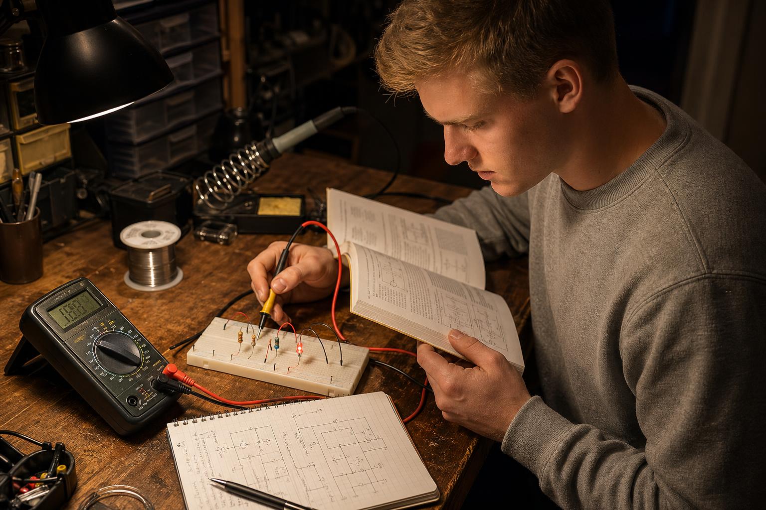 A future recruit at a home workbench with multimeter, breadboard, soldering iron, and circuit textbook — practicing electronics fundamentals for the ASVAB EI subtest.