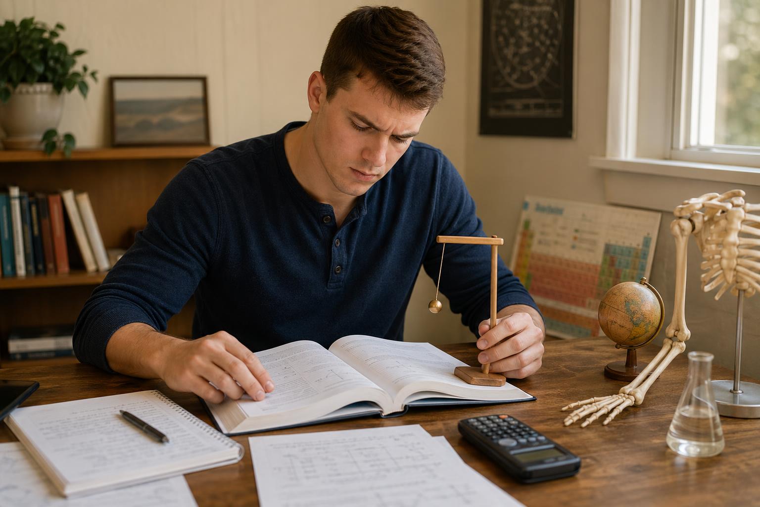 A future recruit working through ASVAB general science with a globe, periodic table, pendulum demonstration, and skeleton model on his desk.