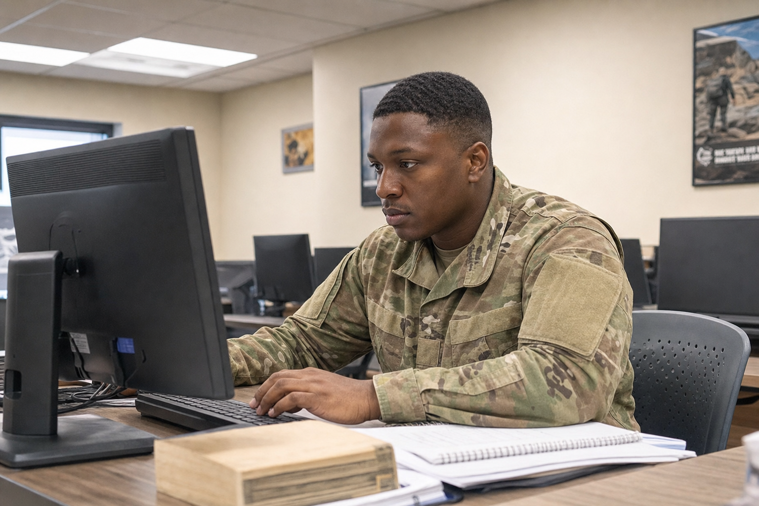 Active-duty service member studying for the AFCT at a military Education Center desk.